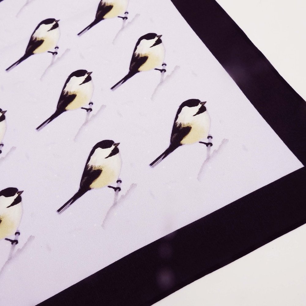 100% Silk Scarf Chickadee on Lilac Bandana